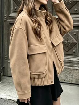 Women Stand Collar Wool Blend Cropped Jacket Oversized Pocket Design Button Loose Short Coat Casual Daily Street Outerwear