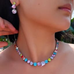 ThreeGraces Elegant Shiny Pink Round Cubic Zirconia Tennis Necklace Earrings Wedding Bridal Party Jewelry Set for Women T1216