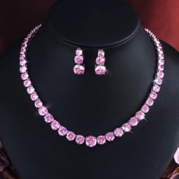 ThreeGraces Elegant Shiny Pink Round Cubic Zirconia Tennis Necklace Earrings Wedding Bridal Party Jewelry Set for Women T1216