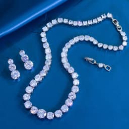 ThreeGraces Elegant Shiny Pink Round Cubic Zirconia Tennis Necklace Earrings Wedding Bridal Party Jewelry Set for Women T1216