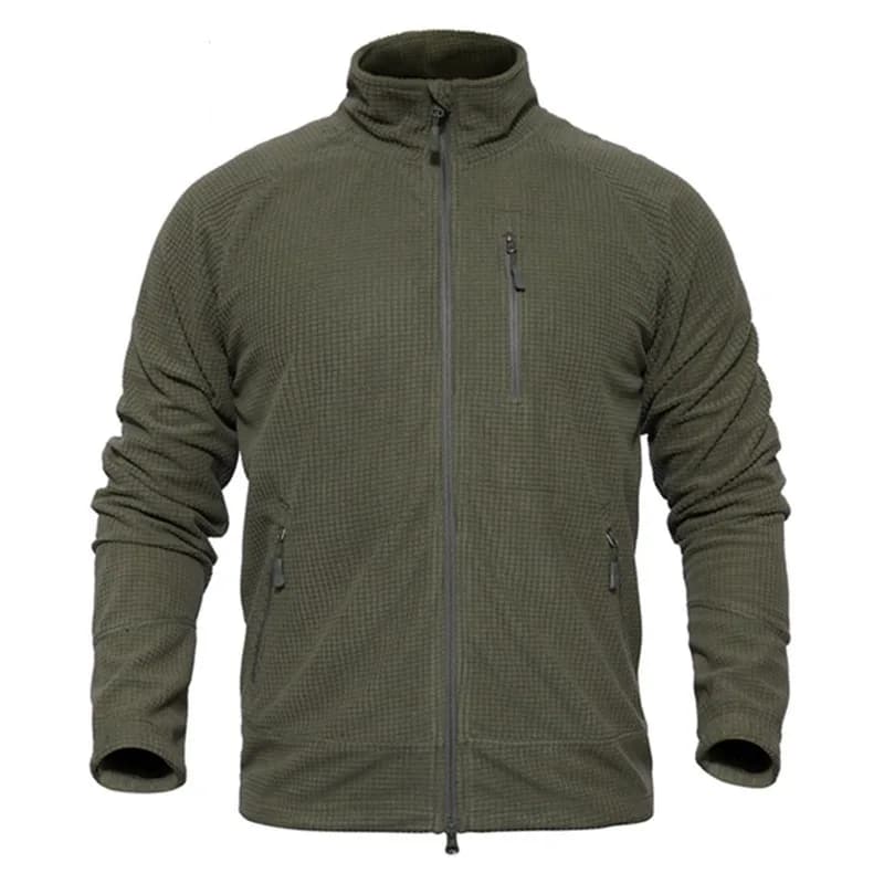 Men's Tactical Grid Fleece Jacket Full Zip Stand Collar Warm Windproof Outdoor Hiking Fishing Fleece Coat Base Layer