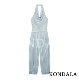 KONDALA Women Elegant Striped Halter Long Jumpsuit 2026 Summer Trendy Holiday Leisure Playsuits Chic Ladies Sleeveless Jumpsuit