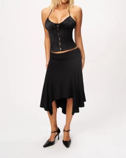 Guz Low-Waist Pleated Irregular Skirt, Vintage Drapey Elastic Mid-Length Asymmetrical Hem Sexy Skirt, Pleated Irregular Mid-Length Skirt, Slimming Large Hem Fishtail Skirt, Black Drapey Skirt