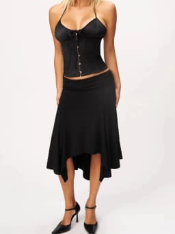 Guz Low-Waist Pleated Irregular Skirt, Vintage Drapey Elastic Mid-Length Asymmetrical Hem Sexy Skirt, Pleated Irregular Mid-Length Skirt, Slimming Large Hem Fishtail Skirt, Black Drapey Skirt