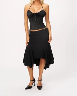 Guz Low-Waist Pleated Irregular Skirt, Vintage Drapey Elastic Mid-Length Asymmetrical Hem Sexy Skirt, Pleated Irregular Mid-Length Skirt, Slimming Large Hem Fishtail Skirt, Black Drapey Skirt