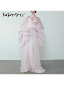 TWOTWINSTYLE Flower Slim Two Piece Sets for Women Halter Off Shoulder Flare Sleeve Top Patchwork Folds Skirt Solid Set Female