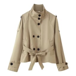 2026 Urban Style Spring Short Trench Coat Women Stand Collar Double Breasted Belted Casual Comfortable Outwear for Daily Travel