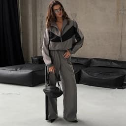Contrast Color Zipper Jacket Trousers Set Women's Casual Lapel Full Sleeve Coat Loose Wide Leg Pants 2026 Autumn Lady Tracksuits