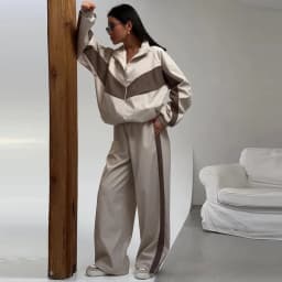 Contrast Color Zipper Jacket Trousers Set Women's Casual Lapel Full Sleeve Coat Loose Wide Leg Pants 2026 Autumn Lady Tracksuits