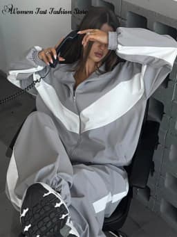 Contrast Color Zipper Jacket Trousers Set Women's Casual Lapel Full Sleeve Coat Loose Wide Leg Pants 2026 Autumn Lady Tracksuits