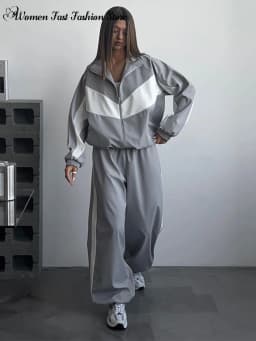 Contrast Color Zipper Jacket Trousers Set Women's Casual Lapel Full Sleeve Coat Loose Wide Leg Pants 2026 Autumn Lady Tracksuits