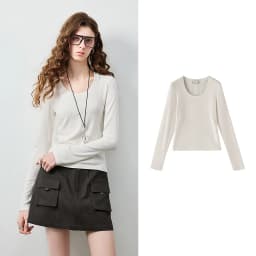 TOYOUTH Women's Wool Blend U Neck Waist Fitted T Shirt 2026 Fall New Arrival Mochi Soft Intellectual Chic Base Layering Top