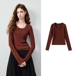 TOYOUTH Women's Wool Blend U Neck Waist Fitted T Shirt 2026 Fall New Arrival Mochi Soft Intellectual Chic Base Layering Top