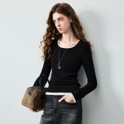 TOYOUTH Women's Wool Blend U Neck Waist Fitted T Shirt 2026 Fall New Arrival Mochi Soft Intellectual Chic Base Layering Top