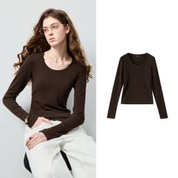 TOYOUTH Women's Wool Blend U Neck Waist Fitted T Shirt 2026 Fall New Arrival Mochi Soft Intellectual Chic Base Layering Top