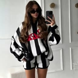 Women Striped Knit Tracksuit 2 Piece Set Oversized Long Sleeve Sweater Shorts Letter Print Daily Casual Matching Set Streetwear