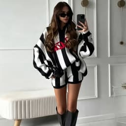 Women Striped Knit Tracksuit 2 Piece Set Oversized Long Sleeve Sweater Shorts Letter Print Daily Casual Matching Set Streetwear