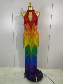 Women Sparkly Diamonds Graduated Rainbow Color Long Dress Sexy Mesh Evening Party Birthday Club Gowns Photoshoot Stage Costumes