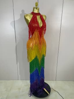 Women Sparkly Diamonds Graduated Rainbow Color Long Dress Sexy Mesh Evening Party Birthday Club Gowns Photoshoot Stage Costumes