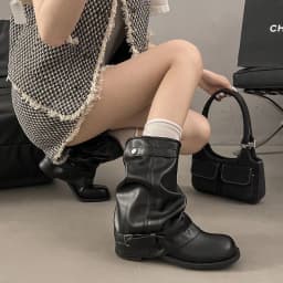 Women Ruched Slouchy Boots Vintage Buckle Mid Calf Motorcycle Boots Casual Square Low Heel Soft Leather Biker Retro Shoes
