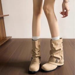 Women Ruched Slouchy Boots Vintage Buckle Mid Calf Motorcycle Boots Casual Square Low Heel Soft Leather Biker Retro Shoes