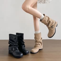 Women Ruched Slouchy Boots Vintage Buckle Mid Calf Motorcycle Boots Casual Square Low Heel Soft Leather Biker Retro Shoes