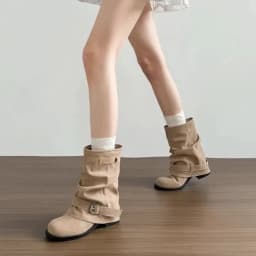 Women Ruched Slouchy Boots Vintage Buckle Mid Calf Motorcycle Boots Casual Square Low Heel Soft Leather Biker Retro Shoes