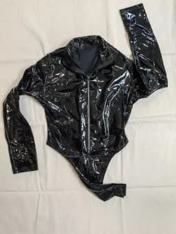 M-4XL Long Sleeve Wet Look PVC Catsuit Shiny PU Leather Bodysuit Tights High Cut Body Teddies Cosplay Tshirt Top Leotard Unitard