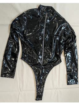 M-4XL Long Sleeve Wet Look PVC Catsuit Shiny PU Leather Bodysuit Tights High Cut Body Teddies Cosplay Tshirt Top Leotard Unitard