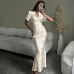 Ticketsx Women's Elegant Printed Dress Summer V-Neck Contrast Ruched Button Patchwork Dress Fashion Female Party Vacation Dress