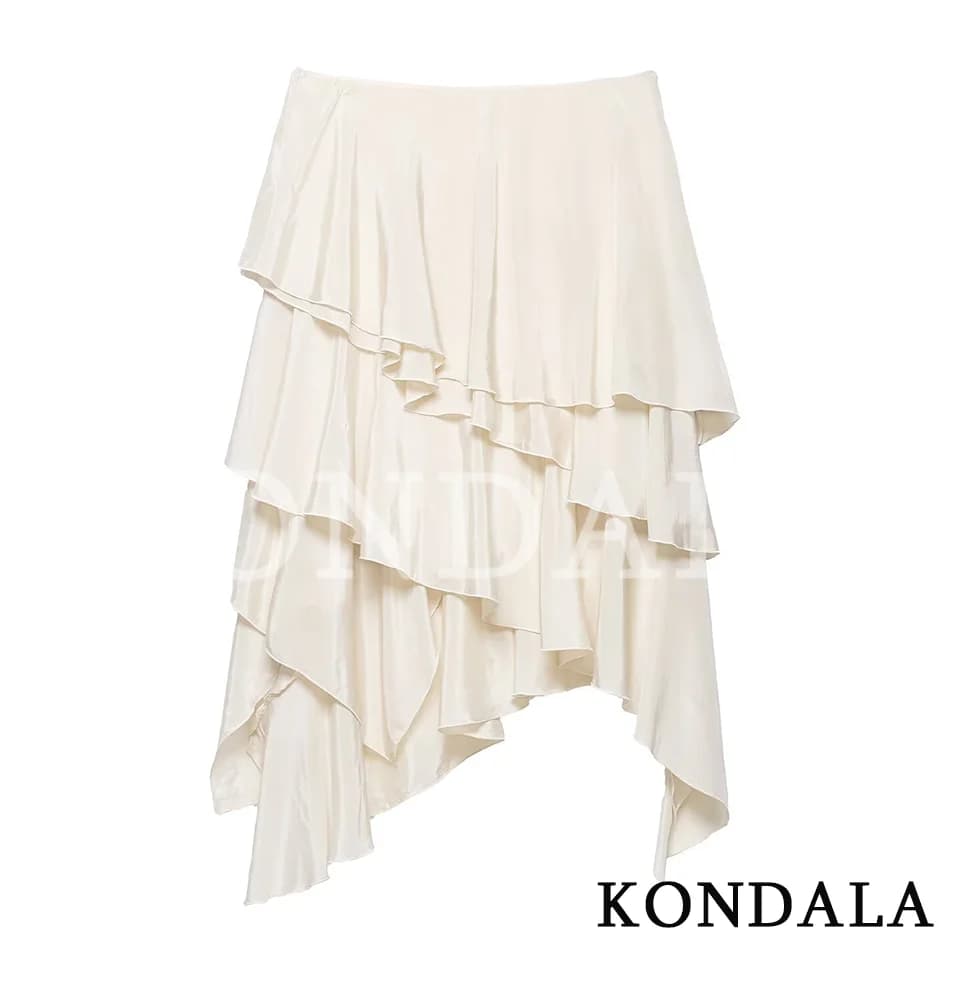 KONDALA Elegant Tiered Ruffled Asymmetrical Skirt Women's Trendy Midi Skirt New 2026 Spring Summer Fashion Vacation Party Skirt