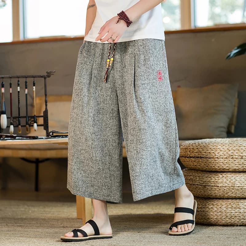 Japan Style Kimono Wide Leg Pants Men Lace Up Elastic Waist Vintage Casual Calf Length Pants Oversize Capris Trousers Streetwear