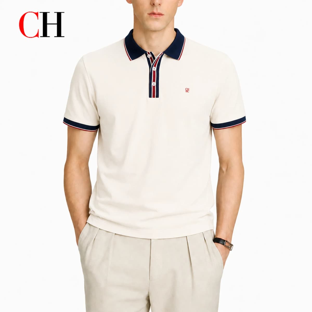 CH Men Multi Stripe Placket Short Sleeve Polo Shirt Tiny Red Embroidery Left Chest Old Money Quiet Luxury Coastal Vacation Wear