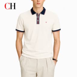 CH Men Multi Stripe Placket Short Sleeve Polo Shirt Tiny Red Embroidery Left Chest Old Money Quiet Luxury Coastal Vacation Wear
