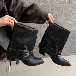 ZAROY Women Ankle Boots and Booties PU Leather Winter Pointed Toe Block Heel Mental Buckle Western Cowboy Boots Motorcycle Botas