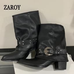 ZAROY Women Ankle Boots and Booties PU Leather Winter Pointed Toe Block Heel Mental Buckle Western Cowboy Boots Motorcycle Botas
