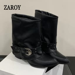 ZAROY Women Ankle Boots and Booties PU Leather Winter Pointed Toe Block Heel Mental Buckle Western Cowboy Boots Motorcycle Botas