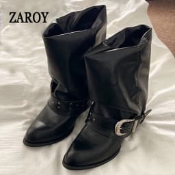 ZAROY Women Ankle Boots and Booties PU Leather Winter Pointed Toe Block Heel Mental Buckle Western Cowboy Boots Motorcycle Botas