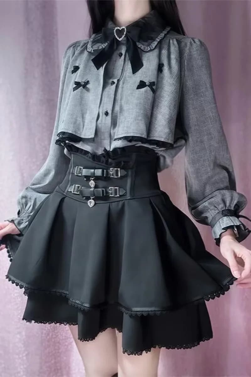 Japanese Lolita Skirts Set Bow Grey Shirt+Short Skirt Sweet Cute Girl Two Piece Sets Womens Outifits Spring New Chic Y2k Clothes