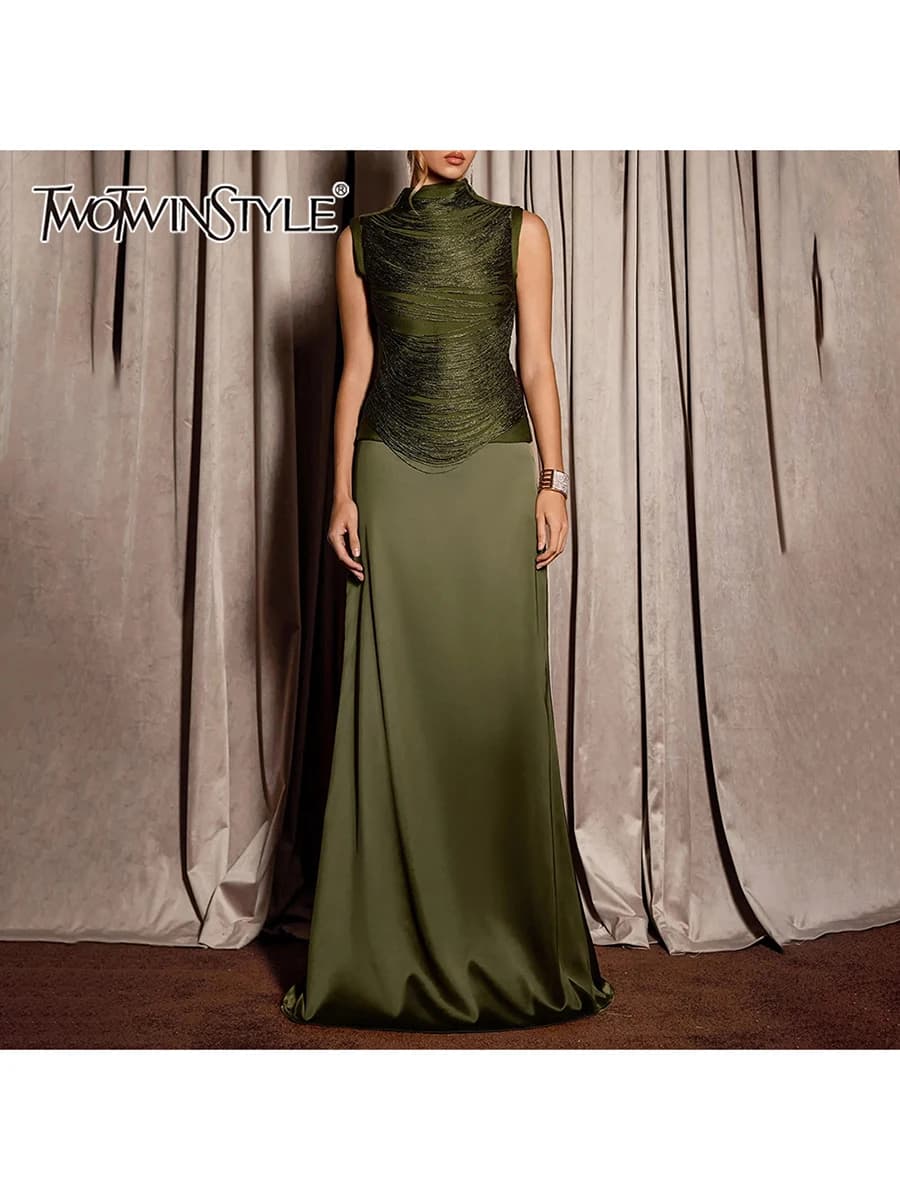 TWOTWINSTYLE Patchwork Tassels Two Piece Sets for Women Stand Collar Sleeveless Top High Waist Long Skirt Solid Set Female 2026