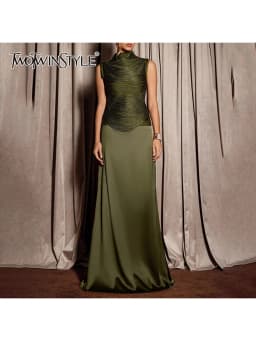 TWOTWINSTYLE Patchwork Tassels Two Piece Sets for Women Stand Collar Sleeveless Top High Waist Long Skirt Solid Set Female 2026