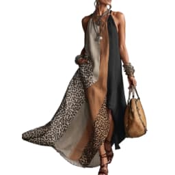 Yeezzi Women's Leopard Color Block Patchwork Halter-Neck Maxi Dresses Sleeveless Loose Asymmetric High Slit Vacation Sundress
