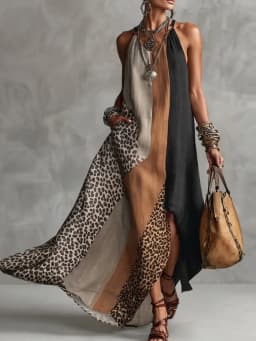 Yeezzi Women's Leopard Color Block Patchwork Halter-Neck Maxi Dresses Sleeveless Loose Asymmetric High Slit Vacation Sundress