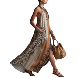 Yeezzi Women's Leopard Color Block Patchwork Halter-Neck Maxi Dresses Sleeveless Loose Asymmetric High Slit Vacation Sundress