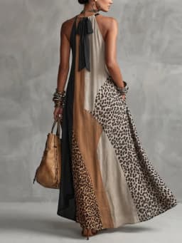 Yeezzi Women's Leopard Color Block Patchwork Halter-Neck Maxi Dresses Sleeveless Loose Asymmetric High Slit Vacation Sundress