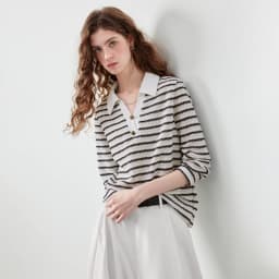 TOYOUTH Women's Long Sleeve Polo T Shirt 2026 Autumn New Melange Textured Stripe Tweed Style Light French Chic Casual Tops