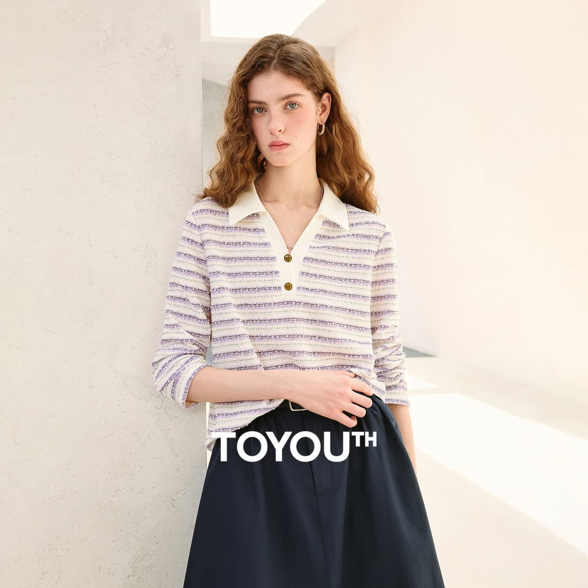 TOYOUTH Women's Long Sleeve Polo T Shirt 2026 Autumn New Melange Textured Stripe Tweed Style Light French Chic Casual Tops