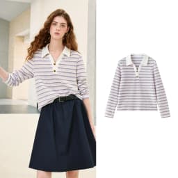 TOYOUTH Women's Long Sleeve Polo T Shirt 2026 Autumn New Melange Textured Stripe Tweed Style Light French Chic Casual Tops