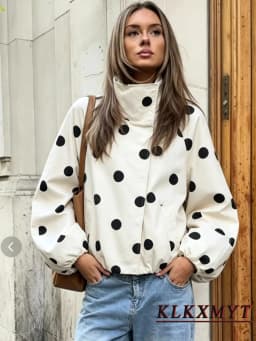 Women Fashion Vintage Polka Dots Pocket Stand Collar Jacket Spring Autumn Long Sleeve Jacket Holiday Outfits For Women