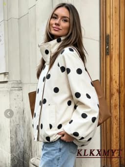 Women Fashion Vintage Polka Dots Pocket Stand Collar Jacket Spring Autumn Long Sleeve Jacket Holiday Outfits For Women